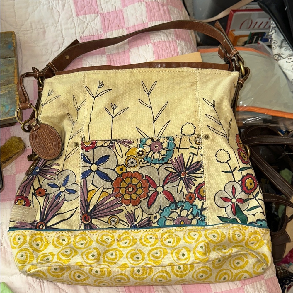 Fossil Large Vintage Hobo Slouchy Shoulder Bag Floral Canvas Key Per (JJ)